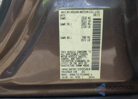 2014 Nissan Altima 2.5/S/Sv/Sl from USA, damaged, VIN 1N4AL3AP2EC109564